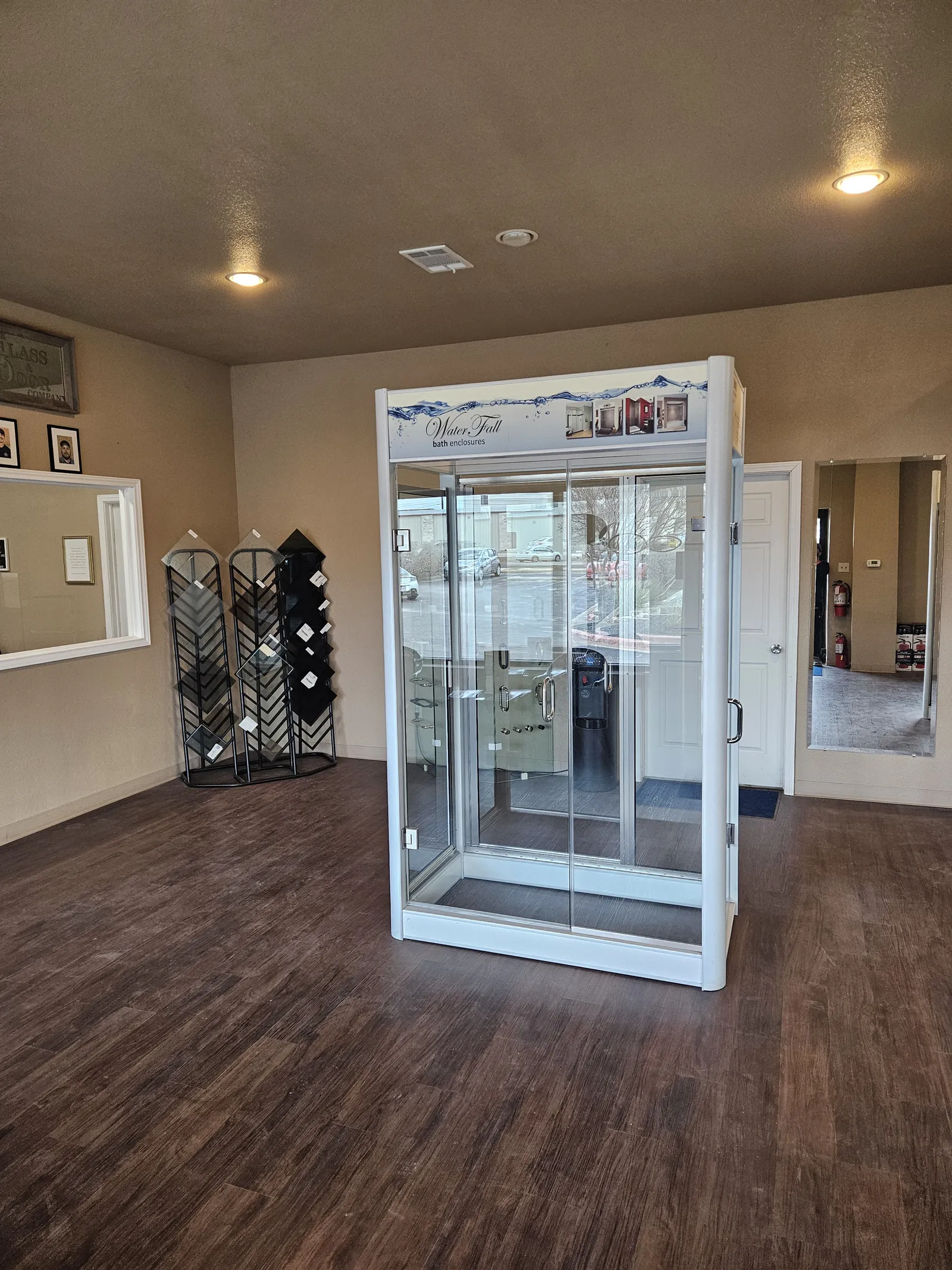 Showroom vignette with a frameless shower mock-up