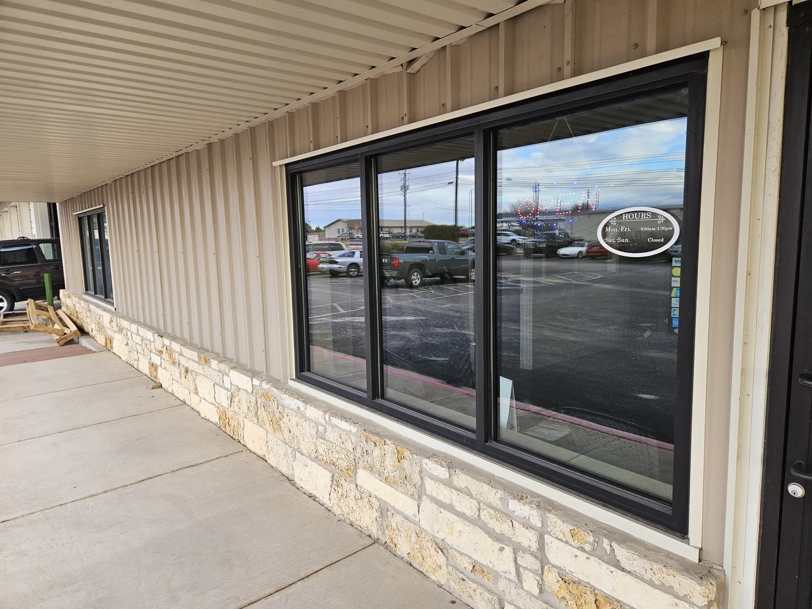 Commercial glass facade with dark aluminum framing